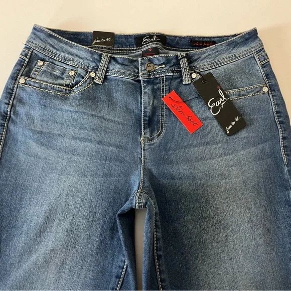 Earl Jeans Slim Bootcut Rhinestone Embellished Flap Pocket Jeans Size 10 NWT - Picture 3 of 7